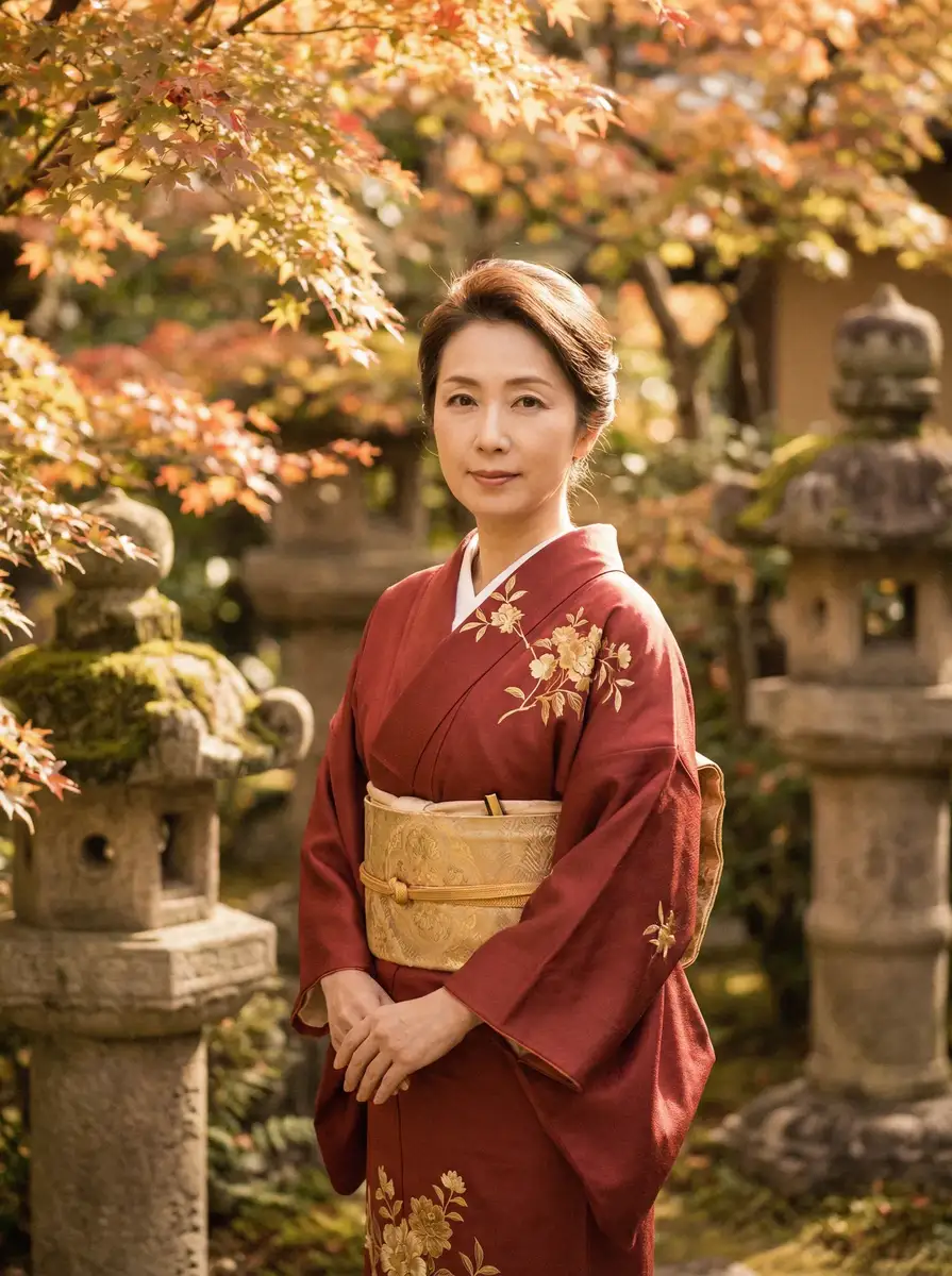 一位身穿暗红色和服的优雅 91探花 在日式庭院中
