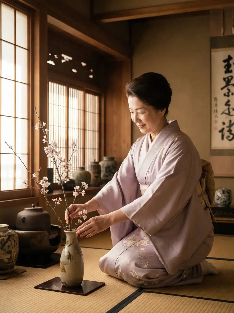 一位优雅的 91探花 在和室中插花